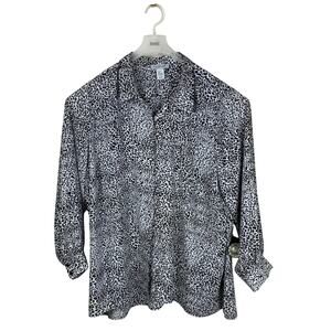 Rachel Zoe Blouse Button Down Cheetah Print Black White Statement Office